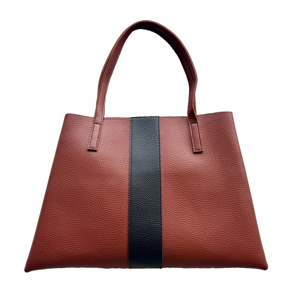 Vince Camuto Brown Black Stripe Pebbled Vegan Leather Tote Bag NWOT Large